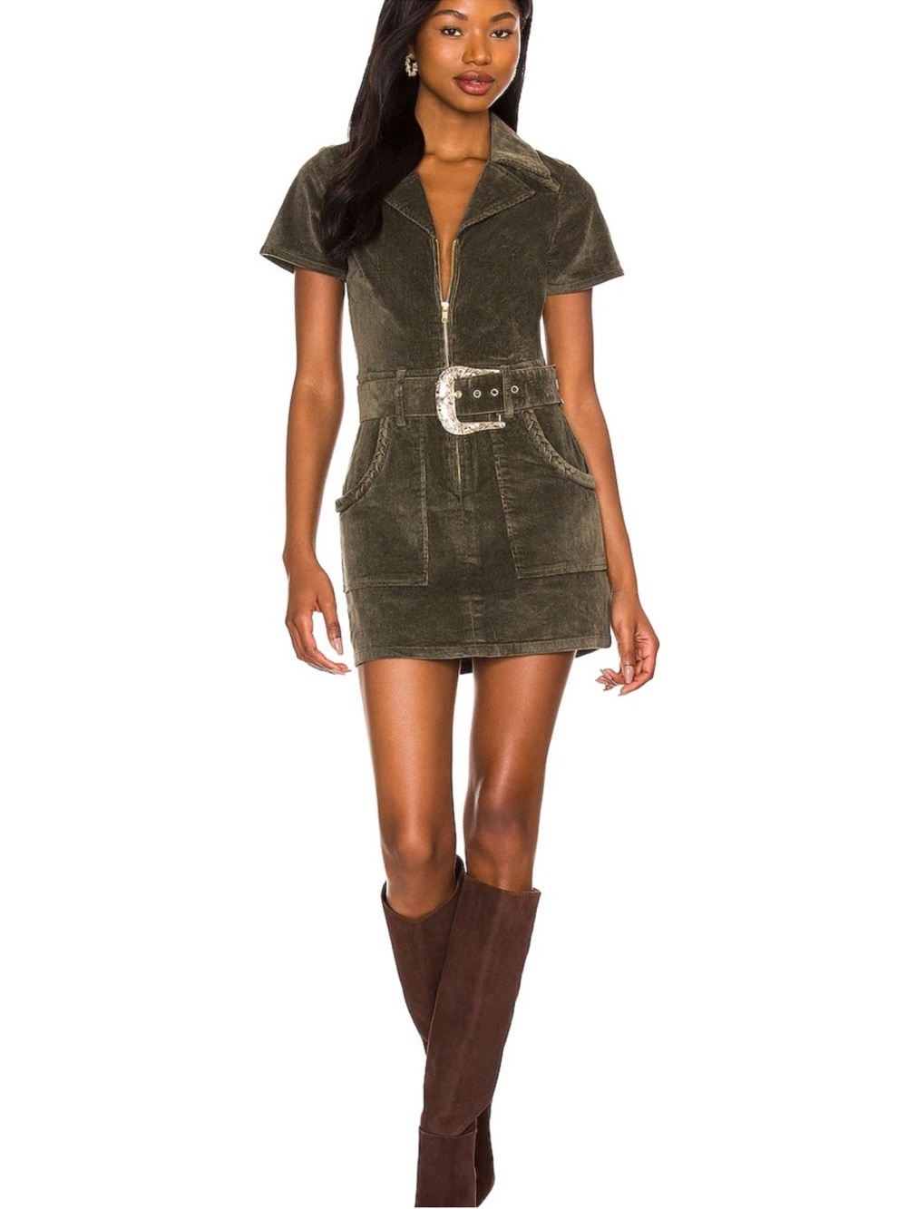 Show Me Your MuMu Outlaw Dress Olive Corduroy Zip-Belt Mini Dress